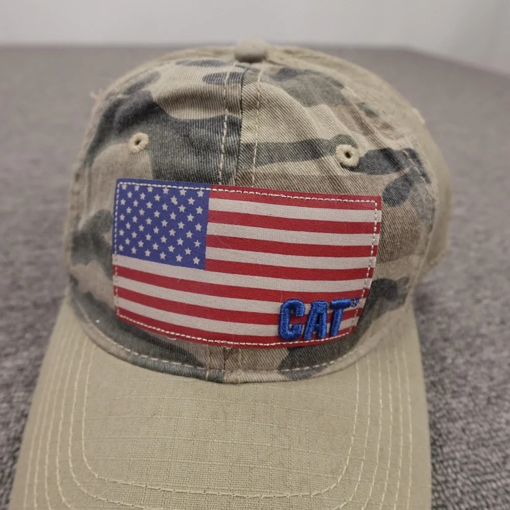 CAT Hat Cap Strap Back Mens One Size Beige Camo USA Flag Patriotic Baseball